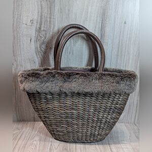Bath & Body Works Faux Fur Brown Rattan Basket Weave Bucket Bag Tote